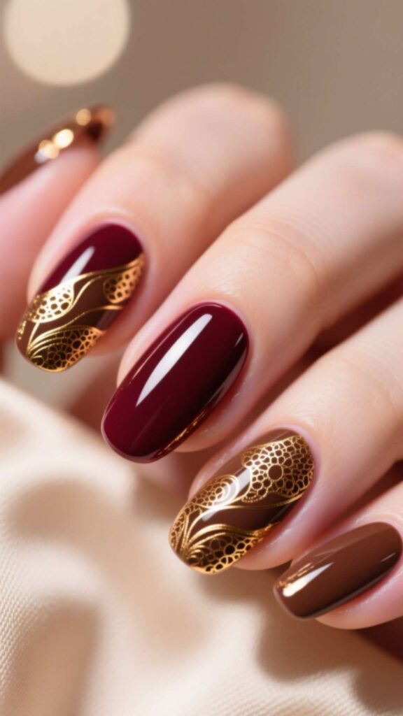 Cherry Mocha Foil Nails