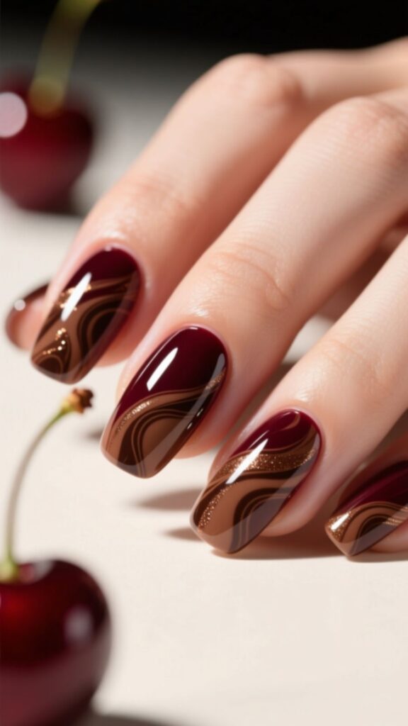 Cherry Mocha Marble Nails