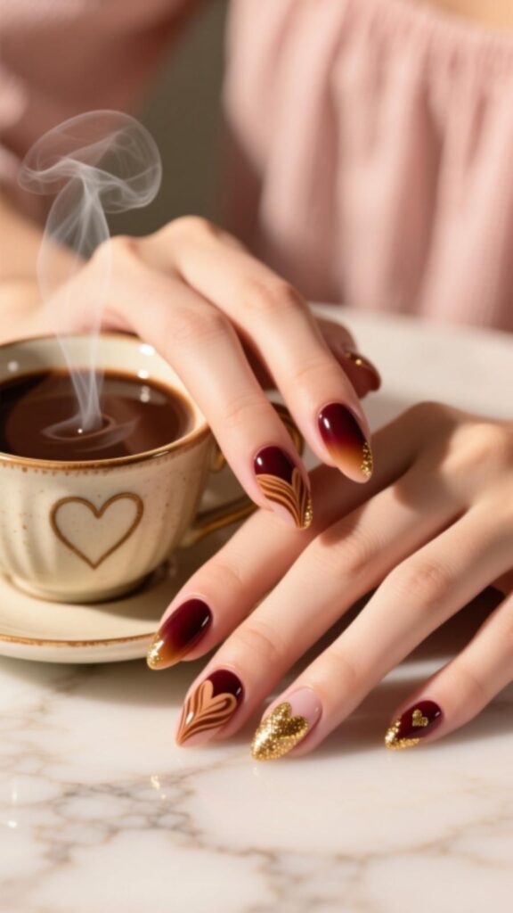 Cherry Mocha Heart Nails