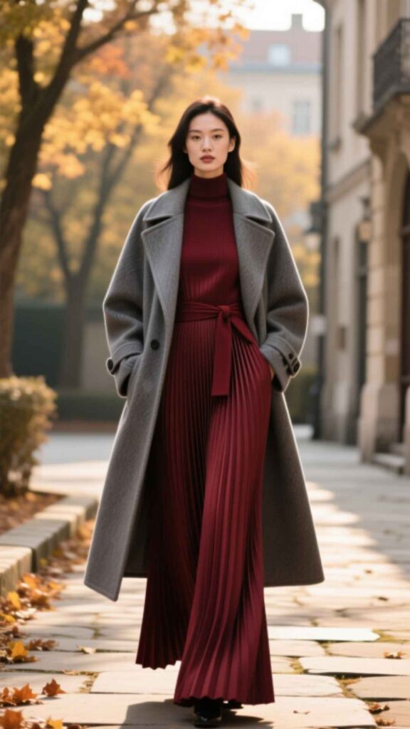 Long Pleated Dress with Belted Coat