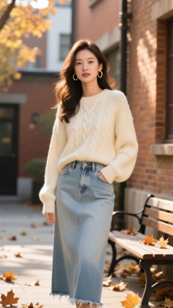 Cozy Sweater with Maxi Denim Skirt