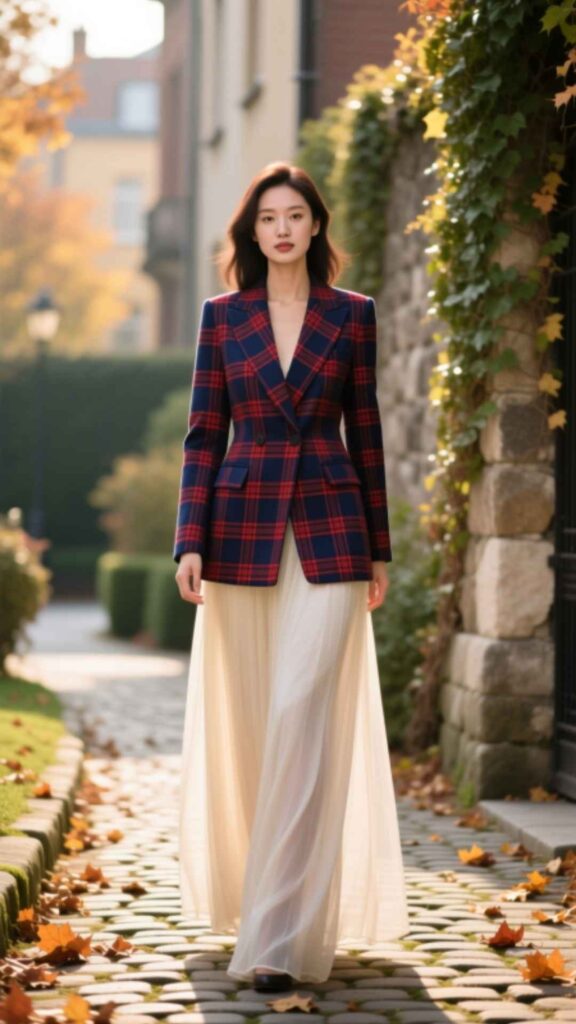 Plaid Blazer with Maxi Skirt