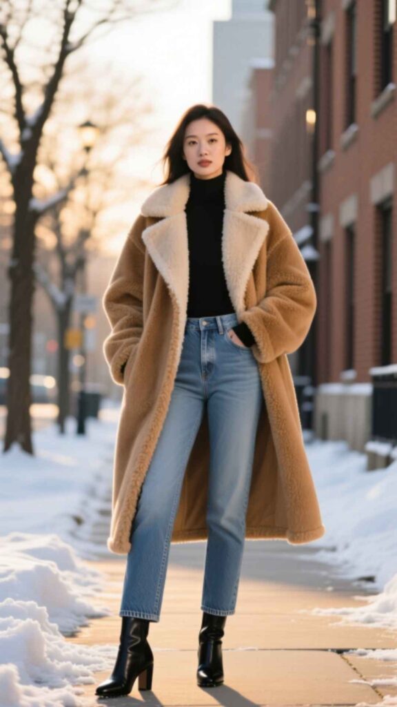 Teddy Coat and Straight Jeans