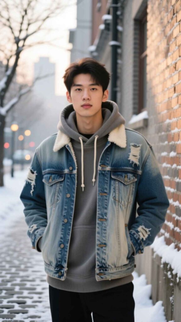 Denim Jacket Layered with Hoodie