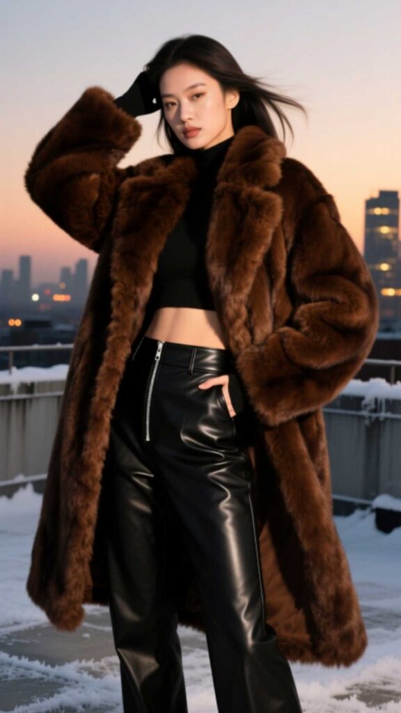 Faux Fur Coat with Leather Pants