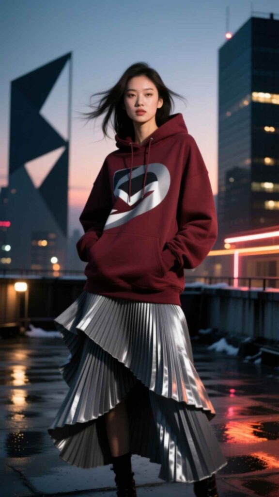 Graphic Hoodie with Pleated Skirt
