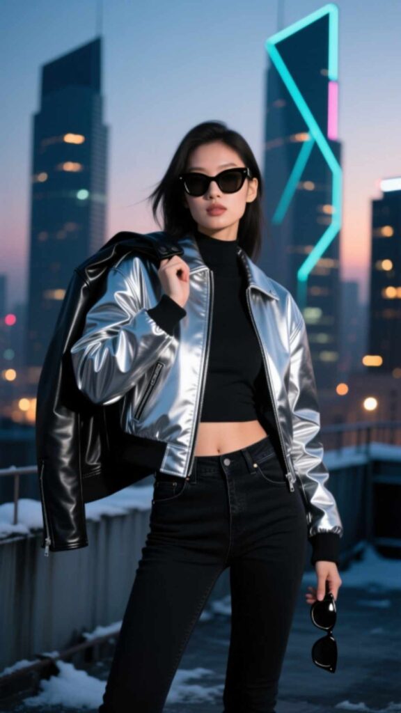 Metallic Jacket with Black Jeans
