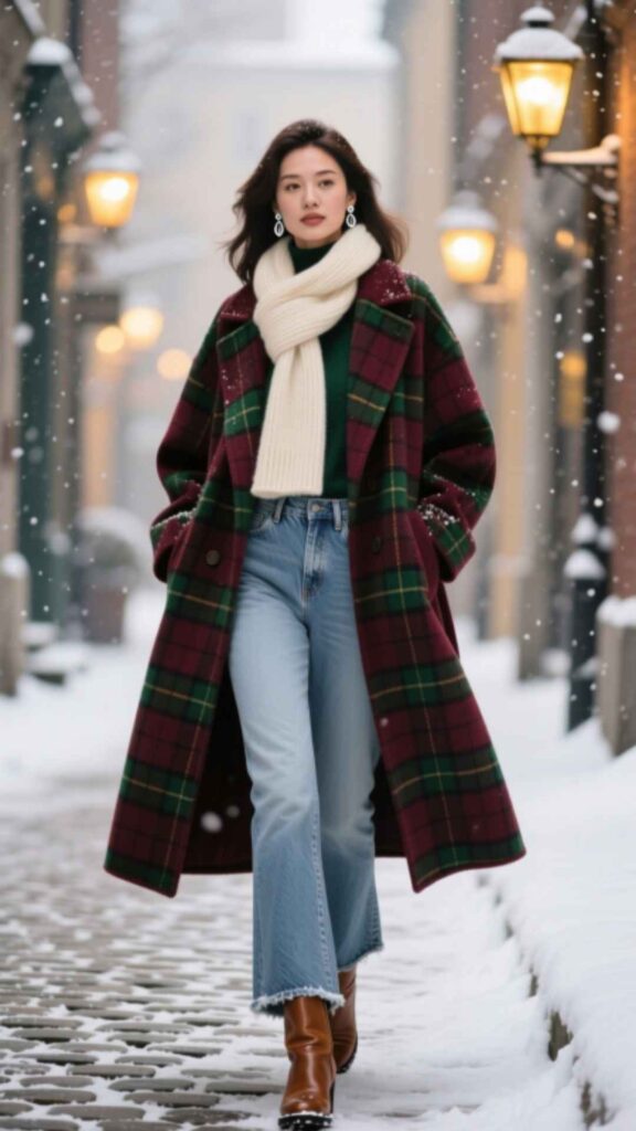 Plaid Coat with Denim Jeans