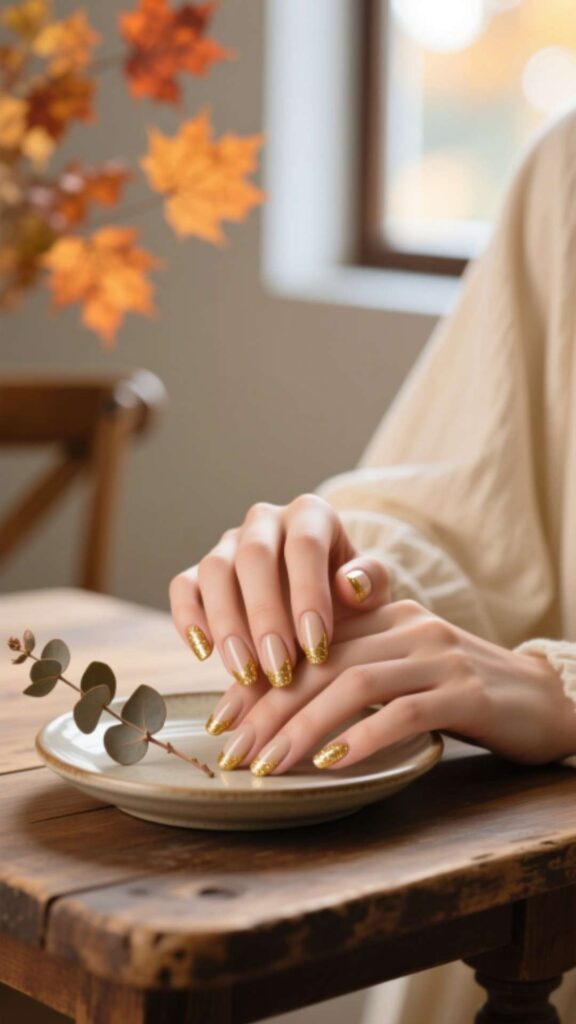 Beige Gel Nails with Gold Tips