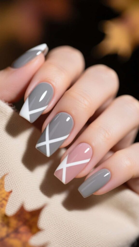 Gray Gel Nails with White Accents
