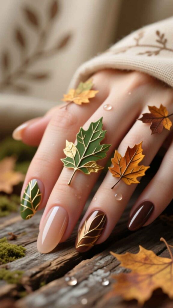 Nude Gel Nails with Leaf Art