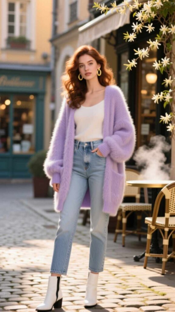 Fluffy Cardigan and High-Waist Jeans