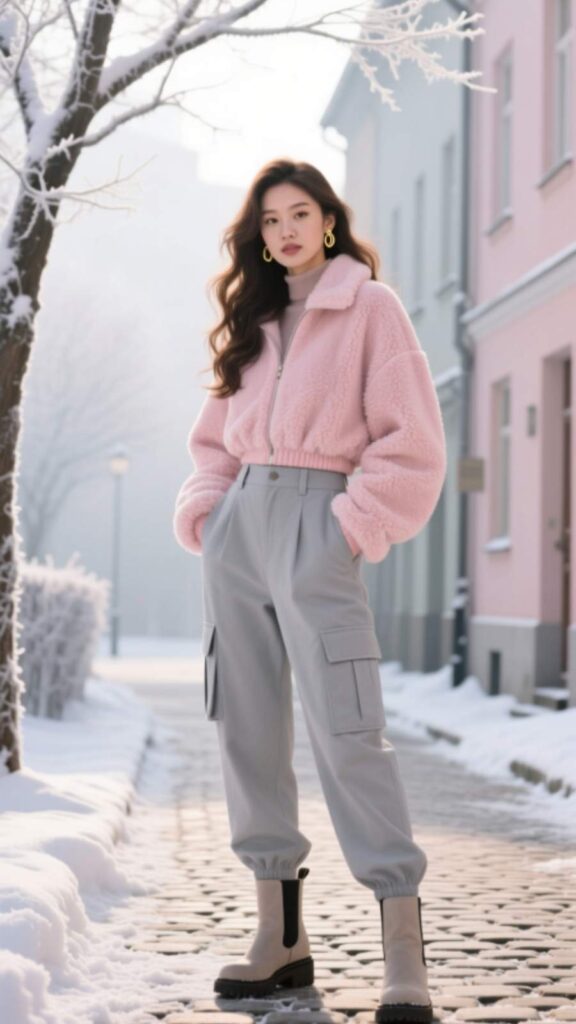 Faux Shearling Jacket with Denim Skirt