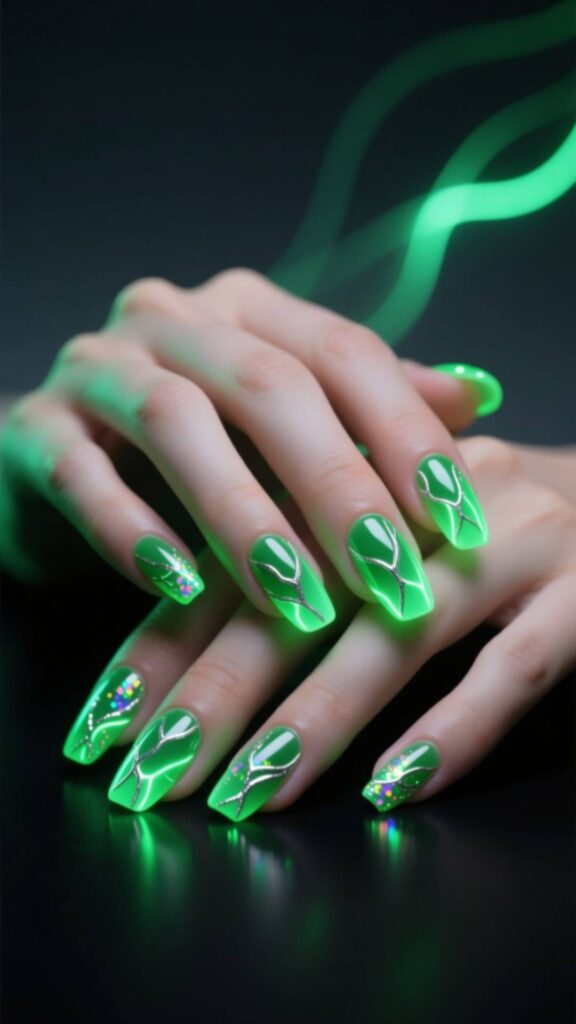 Glow-in-the-Dark Green Aura Nails