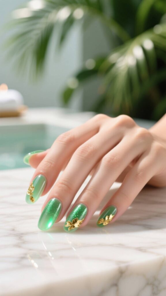 Gold Accent Green Aura Nails