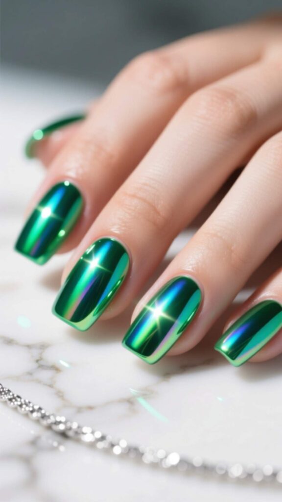 Chrome Green Aura Nails