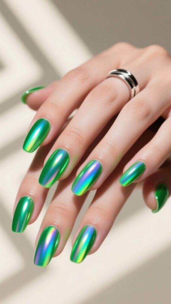 Holographic Green Aura Nails
