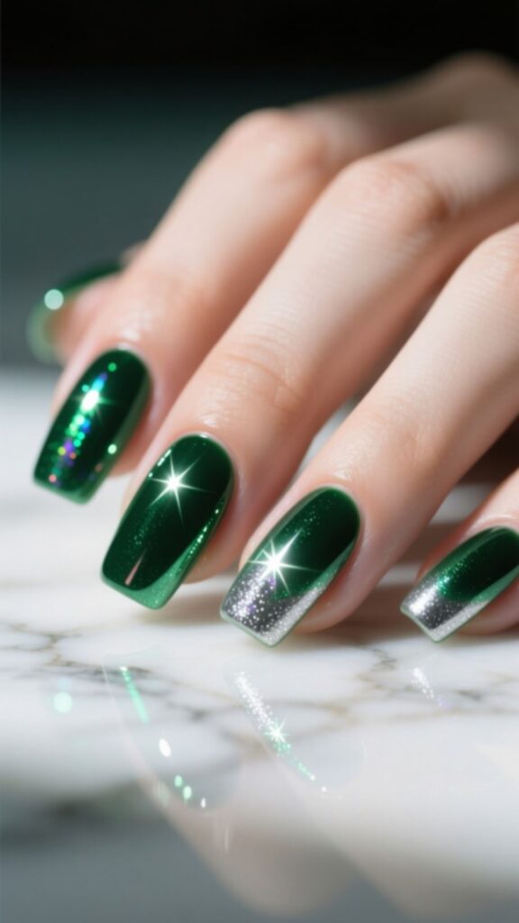 Dark Green Aura Nails with Silver Glow