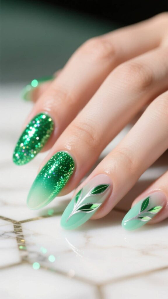 Glitter Green Aura Nails
