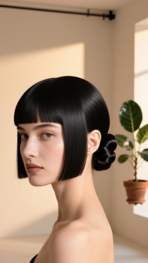Sleek French Twist with Straight Bangs