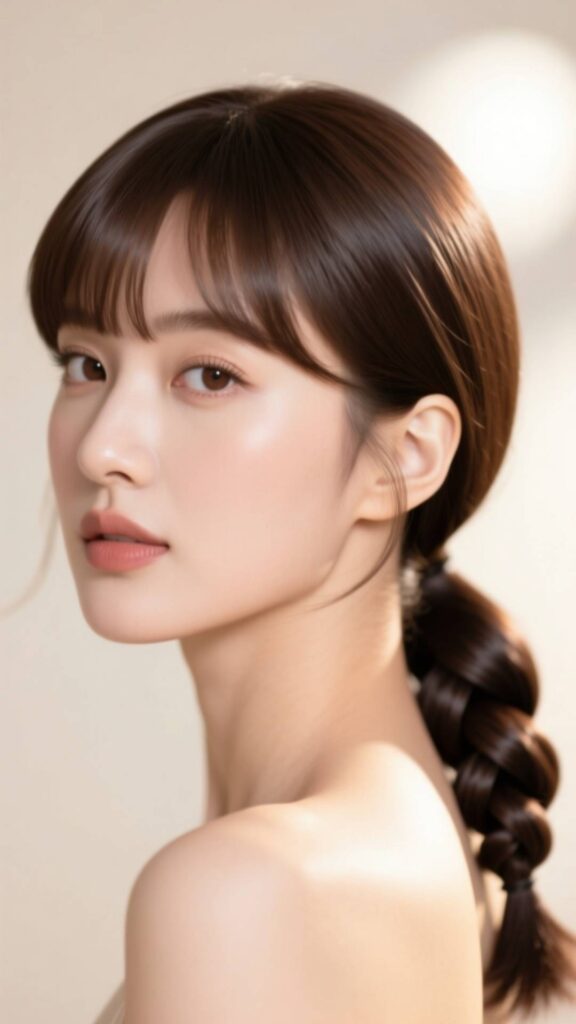 Sleek Low Pony into Twist with Arched Bangs