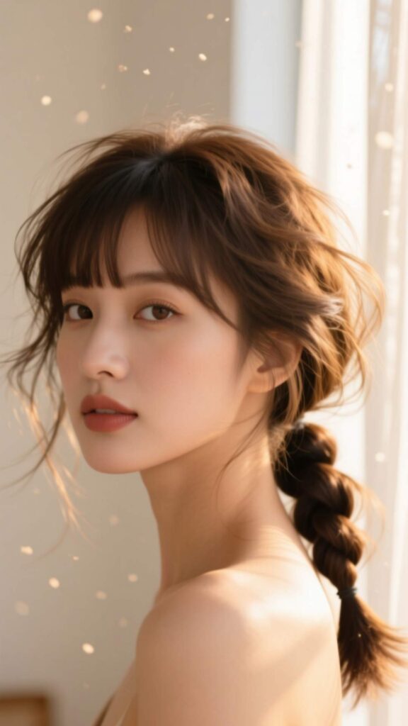 Messy Fishtail Pony Bun with Wispy Bangs