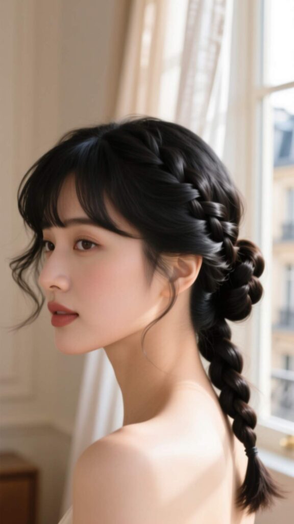 French Braid Into Low Bun with Side Bangs