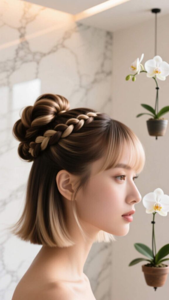 Double Dutch Braids Into Updo with Wispy Fringe