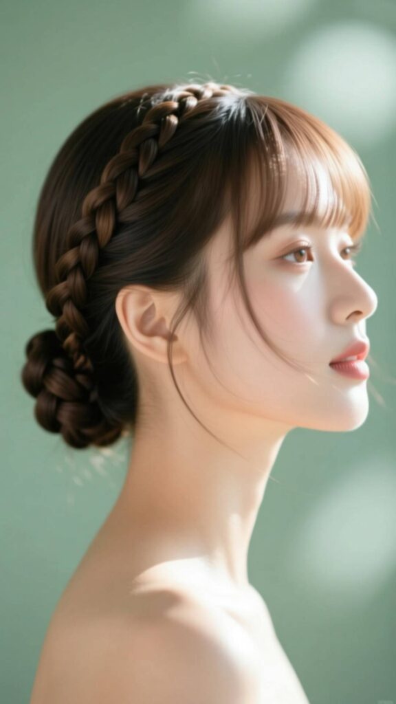 Low Braided Bun with Curtain Bangs