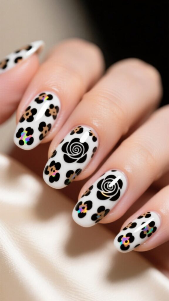 White and Black Leopard Nails