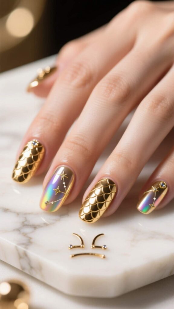 Gold Scales Accent Nails