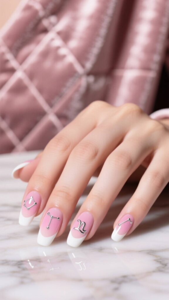 Pink and White Libra Nails