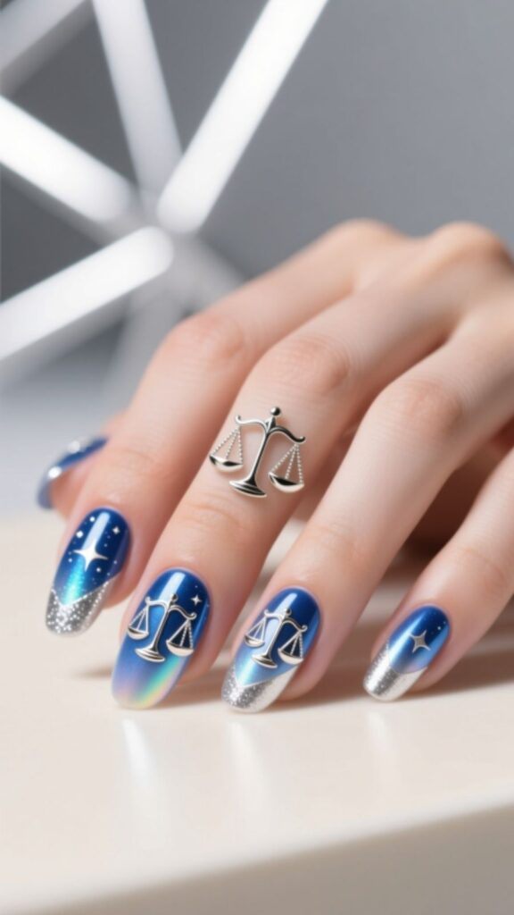 Blue and Silver Libra Nails