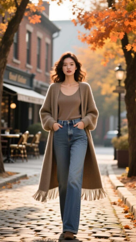 Long Cardigan with High-Waist Jeans