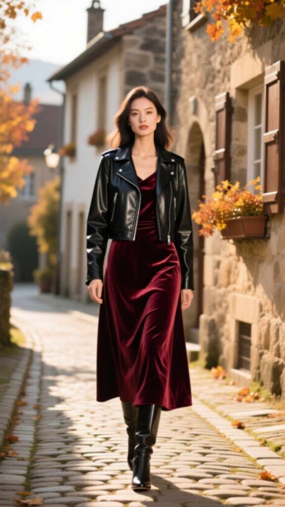 Leather Jacket with Midi Dress