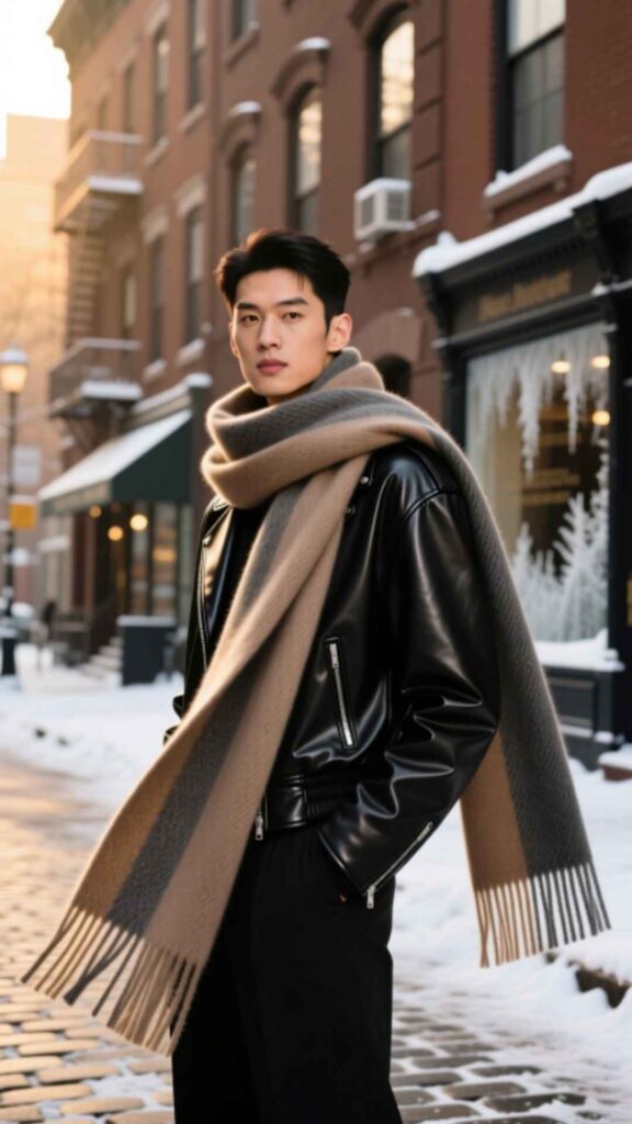 Leather Jacket with Oversized Scarf