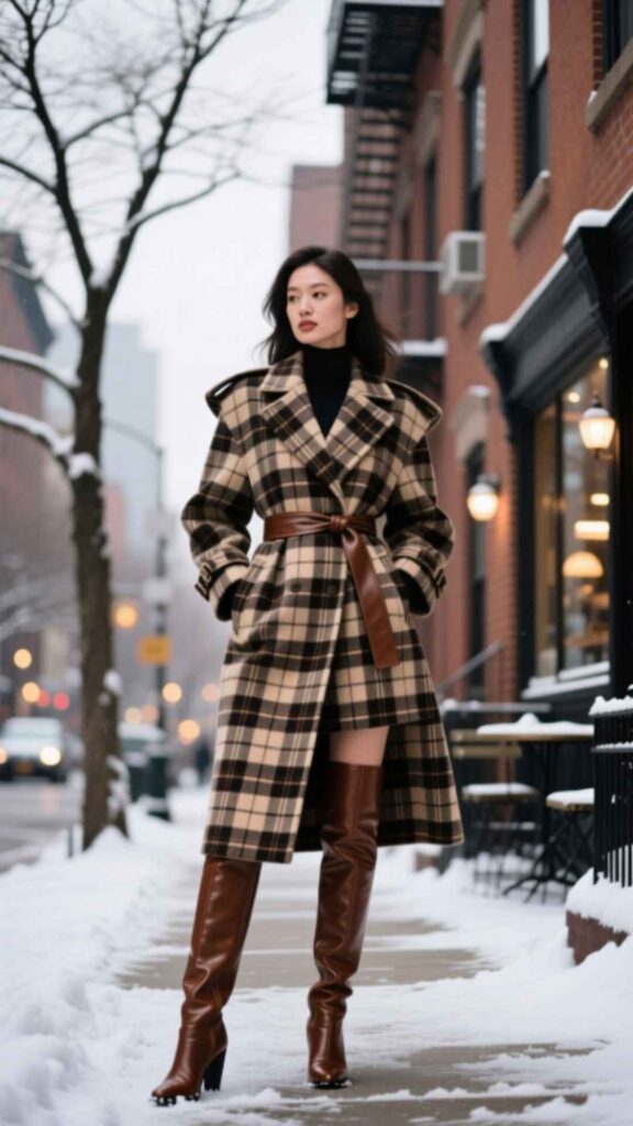 Plaid Coat with Knee-High Boots