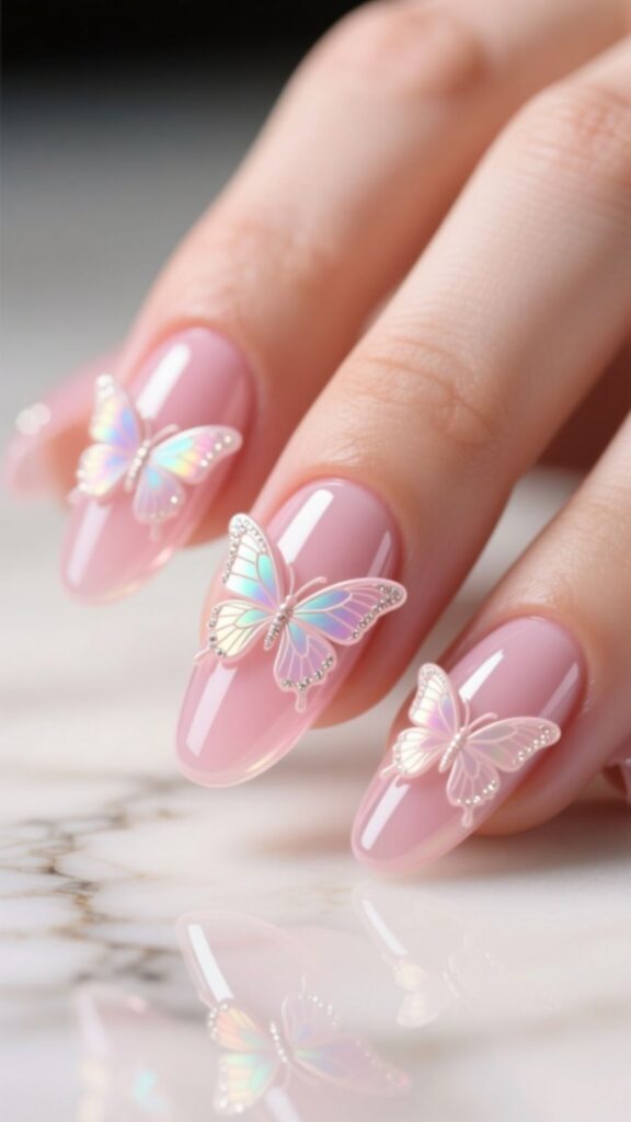 Pink Acrylic Nails with Butterflies