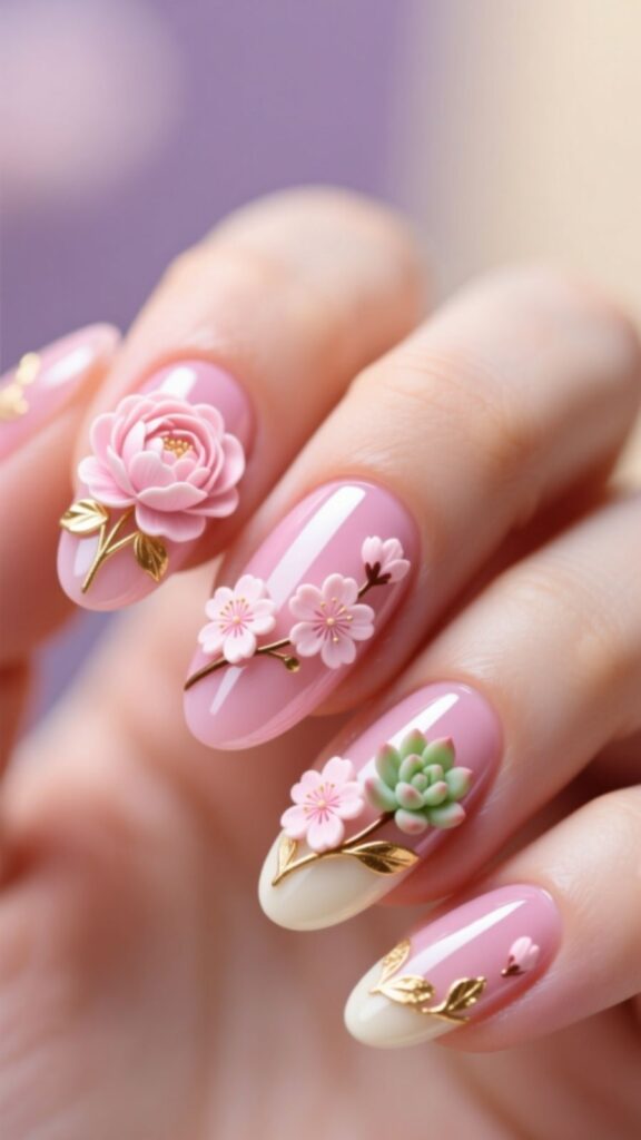 Pink Floral Acrylic Nails