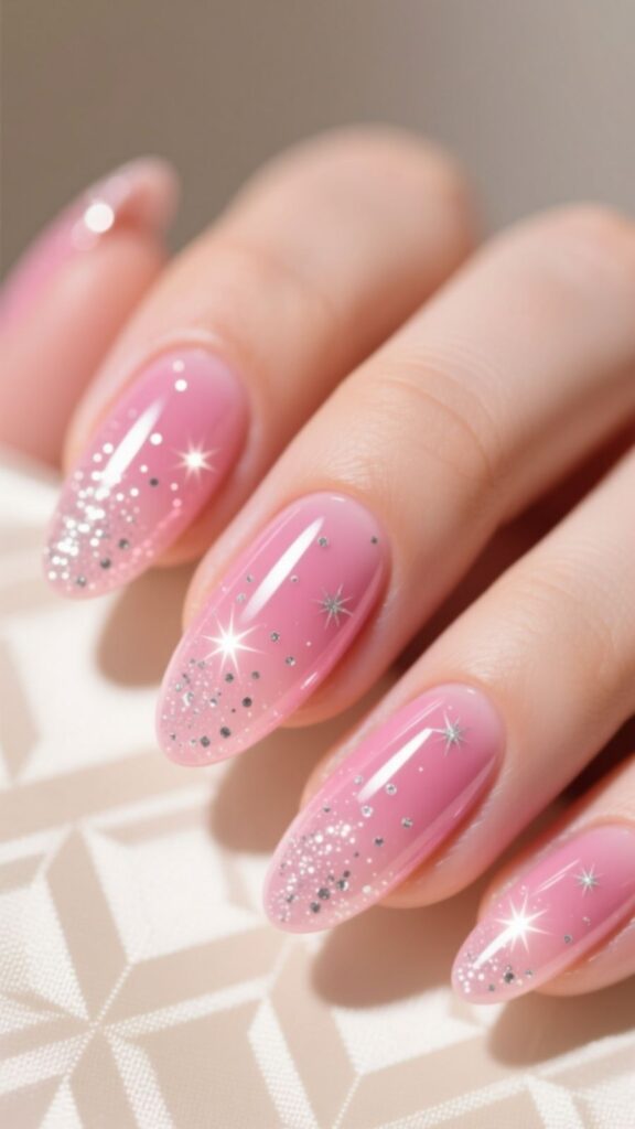 Pink Acrylic Nails with Silver Glitter