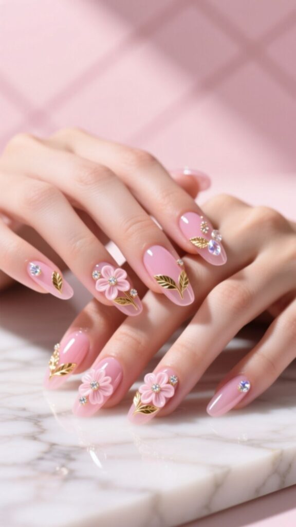  Pink Acrylic Nails with 3D Art