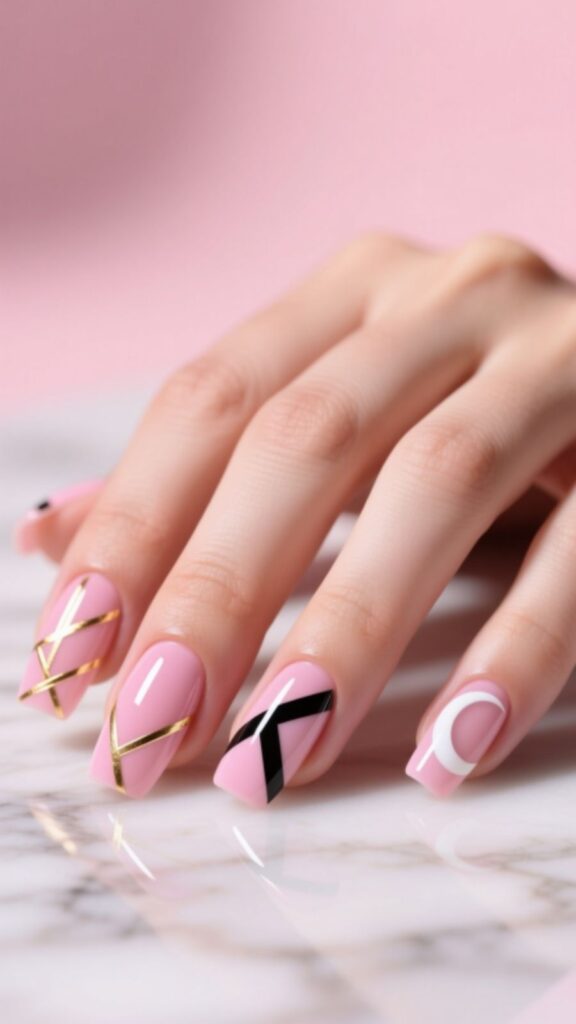 Pink Acrylic Nails with Lines and Shapes