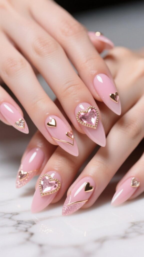 Pink Acrylic Nails with Hearts