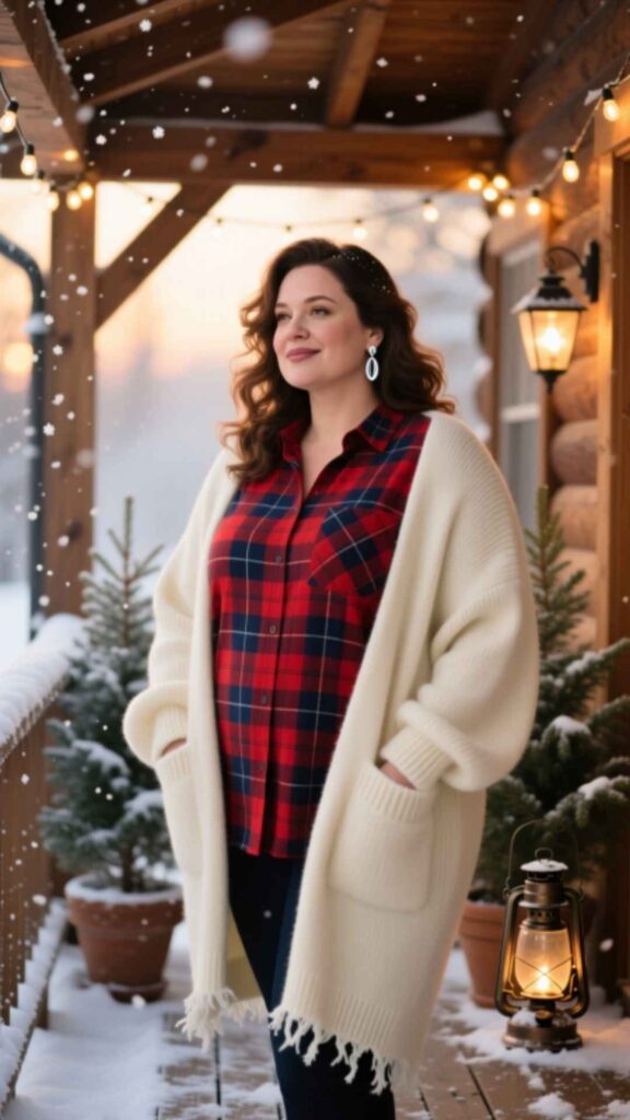 Plaid Shirt with Oversized Cardigan