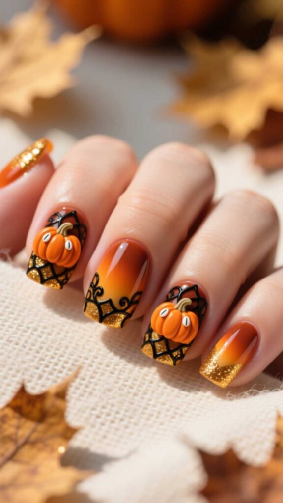 Pumpkin Nail Art for Short Nails