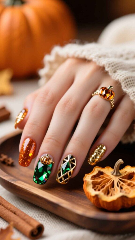 Pumpkin Jewel Nails