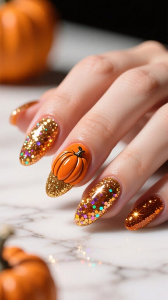 Pumpkin and Glitter Tips