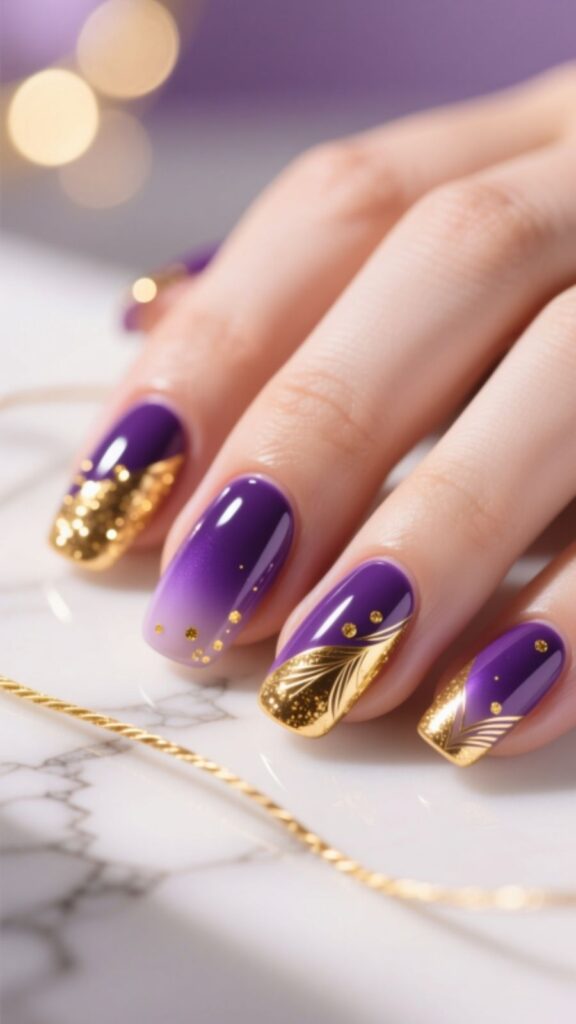 Purple and Gold Nails