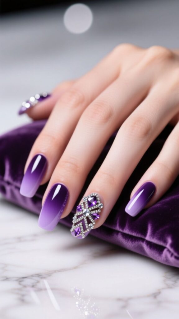Purple Rhinestone Nails