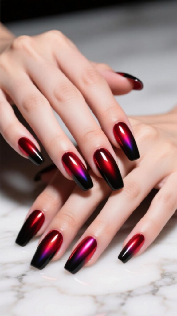 Red Aura Nails with Black Base